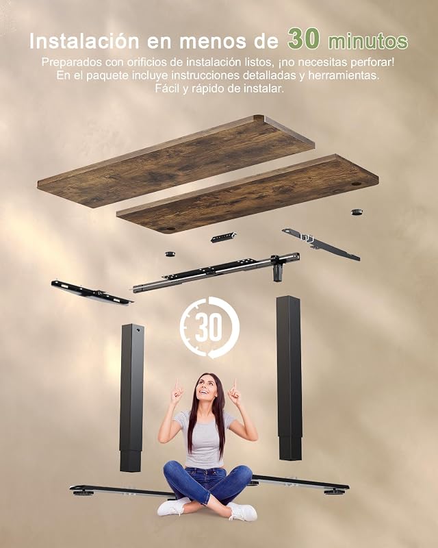 Escritorio Elevable Eléctrico con Cargador USB, Escritorio Regulable en Altura Ergonomica Escritorio de pie Ajustable Smart Panel con Funciones de Memoria, Standing Desk 100 x 60 cm, Marron — foto 4 de 8