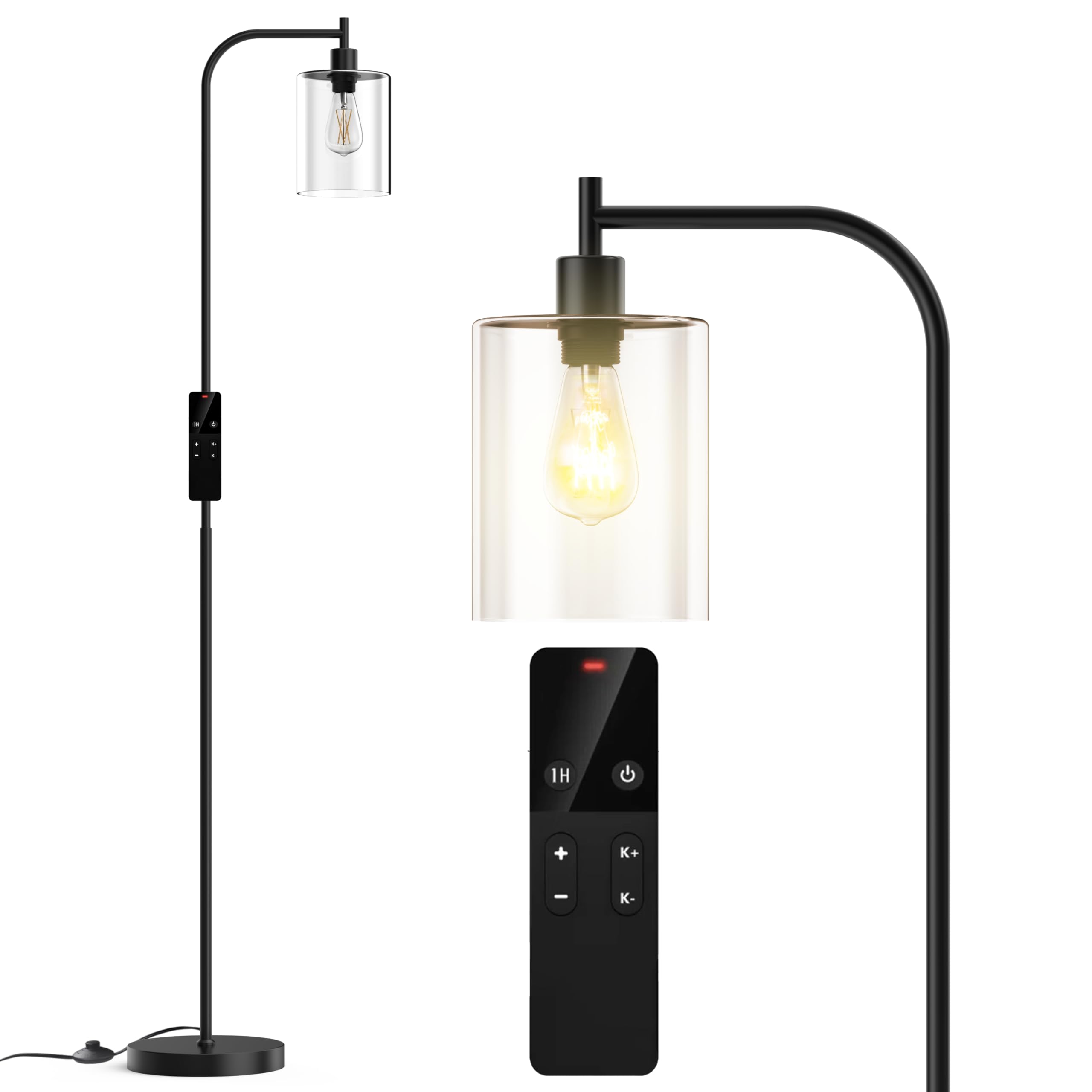 Photo 1 of Wio-Mio Industrial Floor Lamp with Glass Shade, Modern Dimmable Floor lamp with Remote LED Bulbs, Tall Lamp for Living Room Corner, Bedroom, Office (Black)