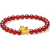 ZHOU LIU FU 24K Solid Gold Bracelets Cute Horse Animal Charm Red Agate Gemstone Beaded Stretch Bracelet Dainty Jewelry for Women Daughter Birthday Christmas