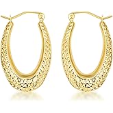 Gold Sparkle Cut Oval Hoop Earrings for Women | 10K or 14K Yellow Gold