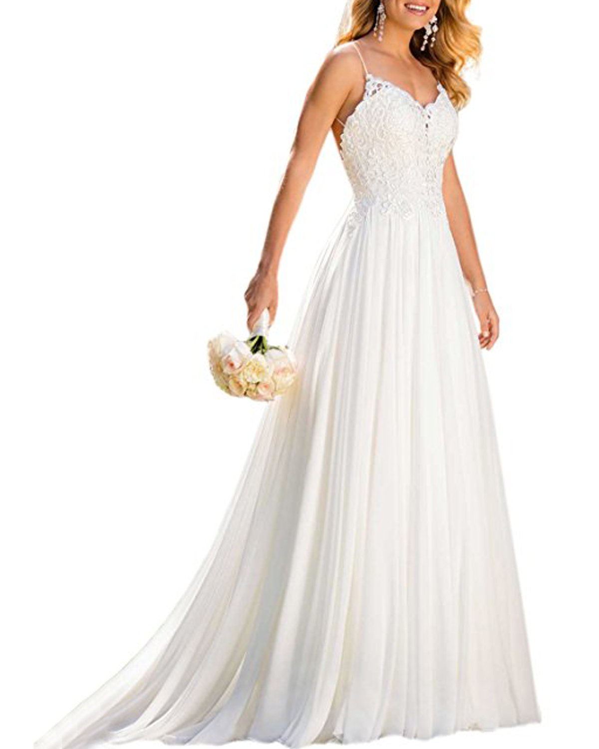 Alanre Spaghetti Straps Appliques Lace Chiffon Wedding Gown Beach Bride Alanre Spaghetti Straps Appliques Lace Chiffon Wedding Gown Beach Bride