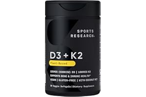 Sports Research Vegan Vitamin D3 + K2 Supplement with Organic Coconut Oil - 5000iu Vitamin D with 100mcg Mk7 Vitamin K - Supports Calcium for Stronger Bones & Immune Health - 30 Softgels for Adults