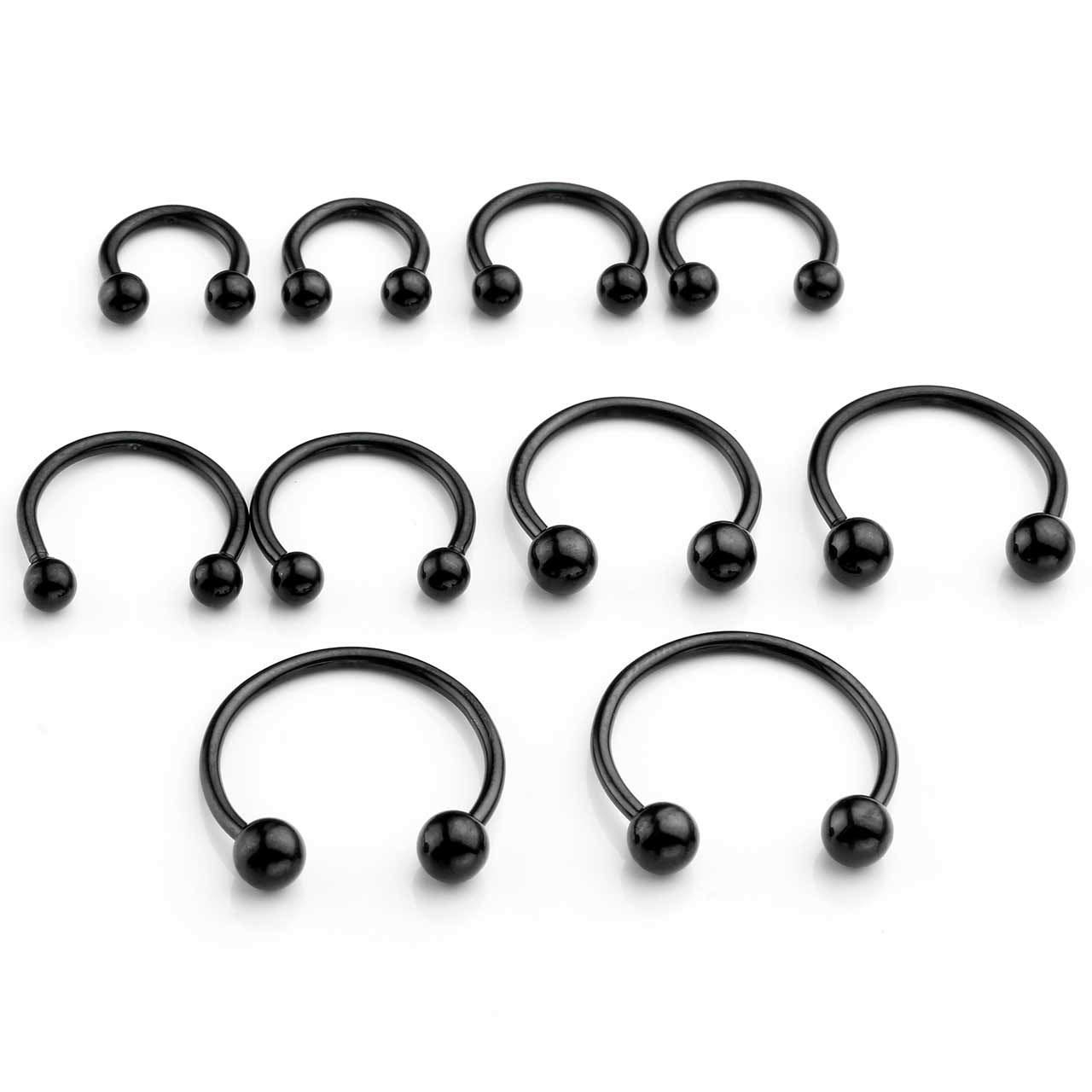 JSDDE 10pcs 16G Stainless Steel Horseshoe Nose Ring Hoop Circular Barbell Septum Lip Piercing Cartilage Earrings 6mm-14mm Black