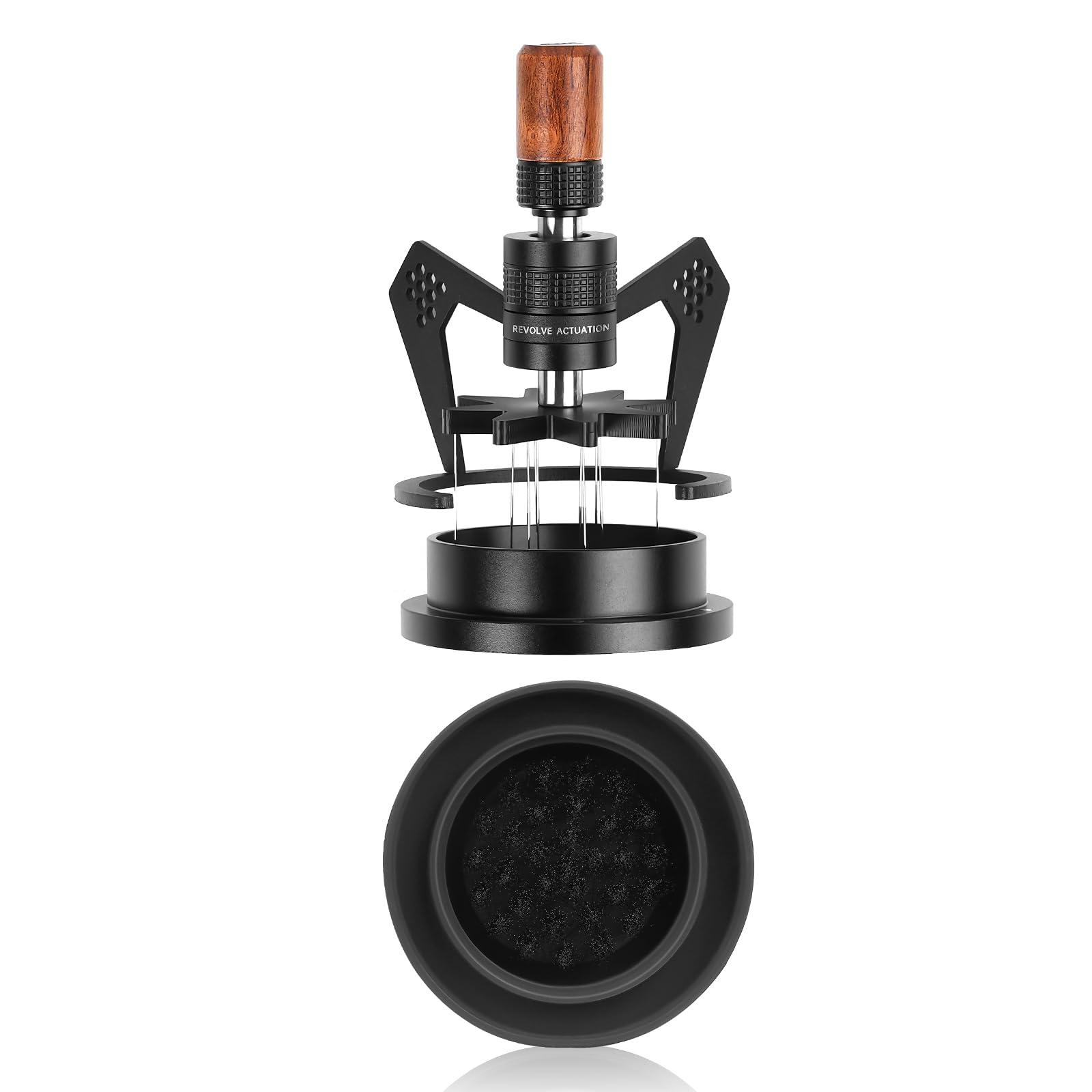 Photo 1 of IKAPE Mantis WDT Distribution Tool with Clean Brush, V3-54mm Espresso Stirrer for Barista - 8 Needle Espresso Stirrer with Dosing Funnel & Stand, Adjustable Needle Height, Walnut Handle