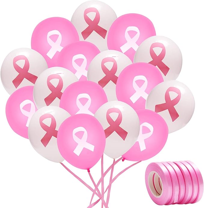 Llxieym 60 Pieces Pink Ribbon Balloons Breast Cancer