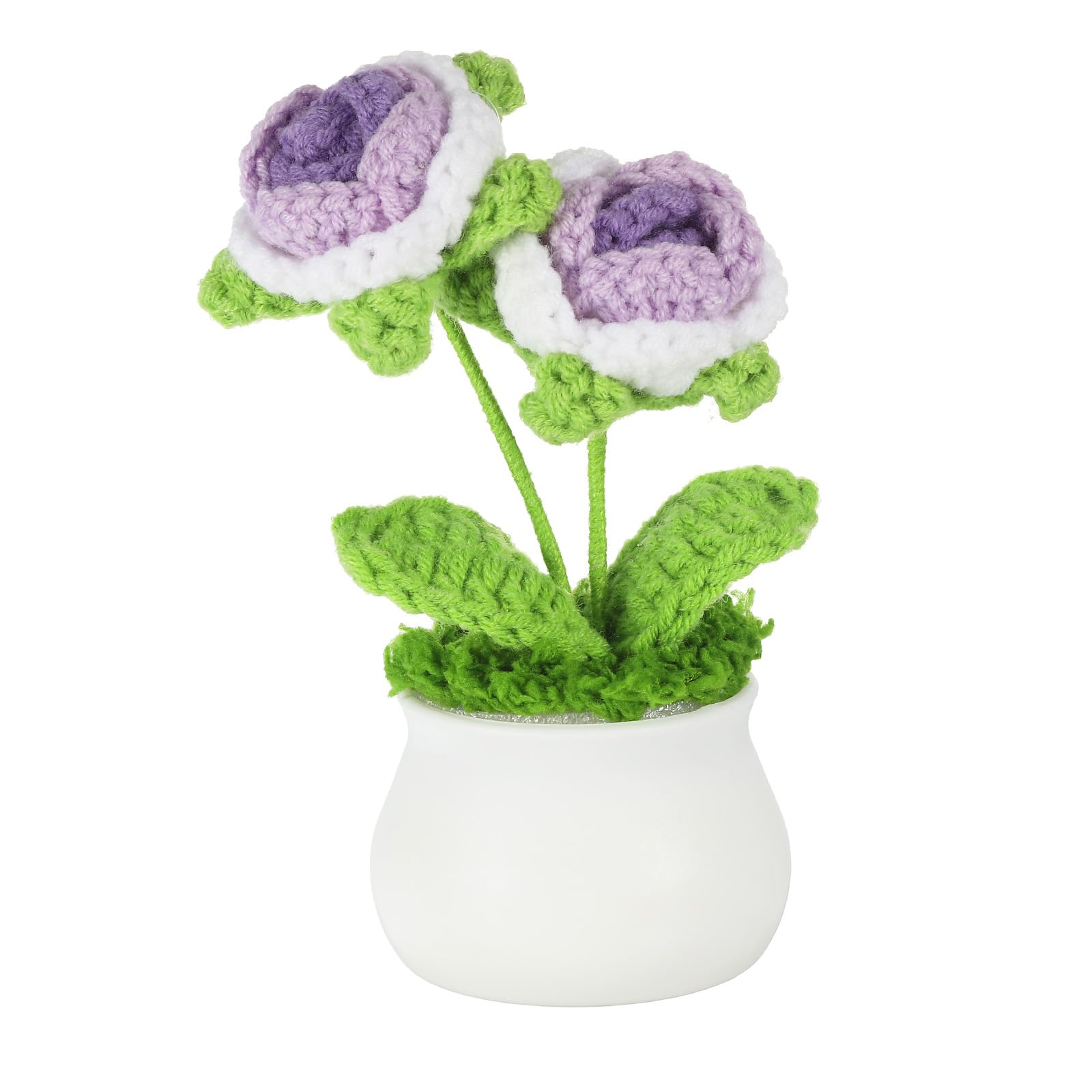 PATIKIL Crochet Flowers Potted, 2 Head Rose Flowers Handmade Knitted Mini Potted Plants Artificial Flowers for Valentine's Gifts Home Office Tables Decoration, Gradient Purple
