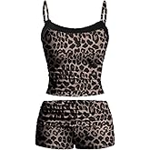 SHENHE Women's Y2k 2 Piece Outfits Leopard Print Lace Cami Tank and Low Rise Micro Shorts Set