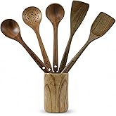 Scissors Art Wooden Cooking Utensil – Natural Mango Wood Kitchen Tools with Holder & Spoon Rest | Nonstick Safe, Heat-Resistant, Wooden Spoons & Spatulas for Cooking & Serving (Pattern - 3)