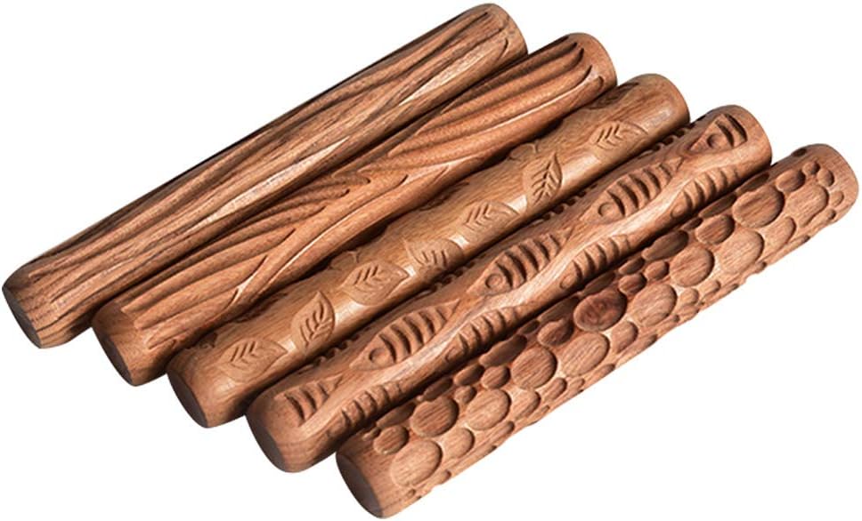 Lzttyee Set of 5 Wooden Handle Pottery Tools Clay Modeling Pattern Rollers Kit Brown