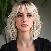 MINLEE Blonde Wig with Bangs for Women 14 Inch Short Bob Wavy Curly Wig Ombre Blonde Hair Wigs Heat Resistant Synthetic Wigs