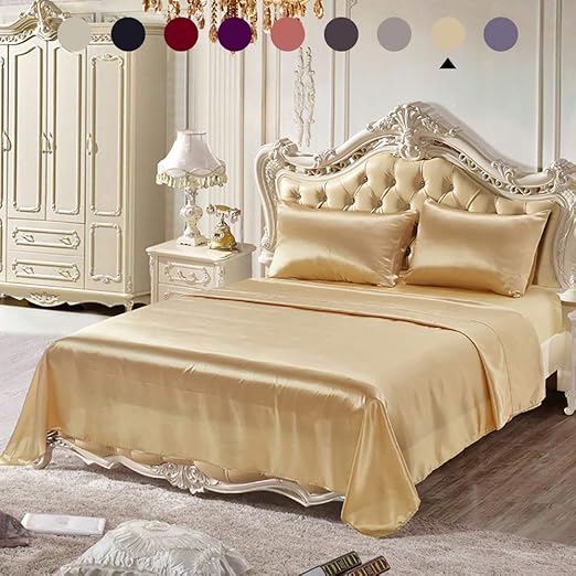 Home Garden SUPER DEEP POCKET GOLD SOLID SATIN SILK FITTED SHEET SET