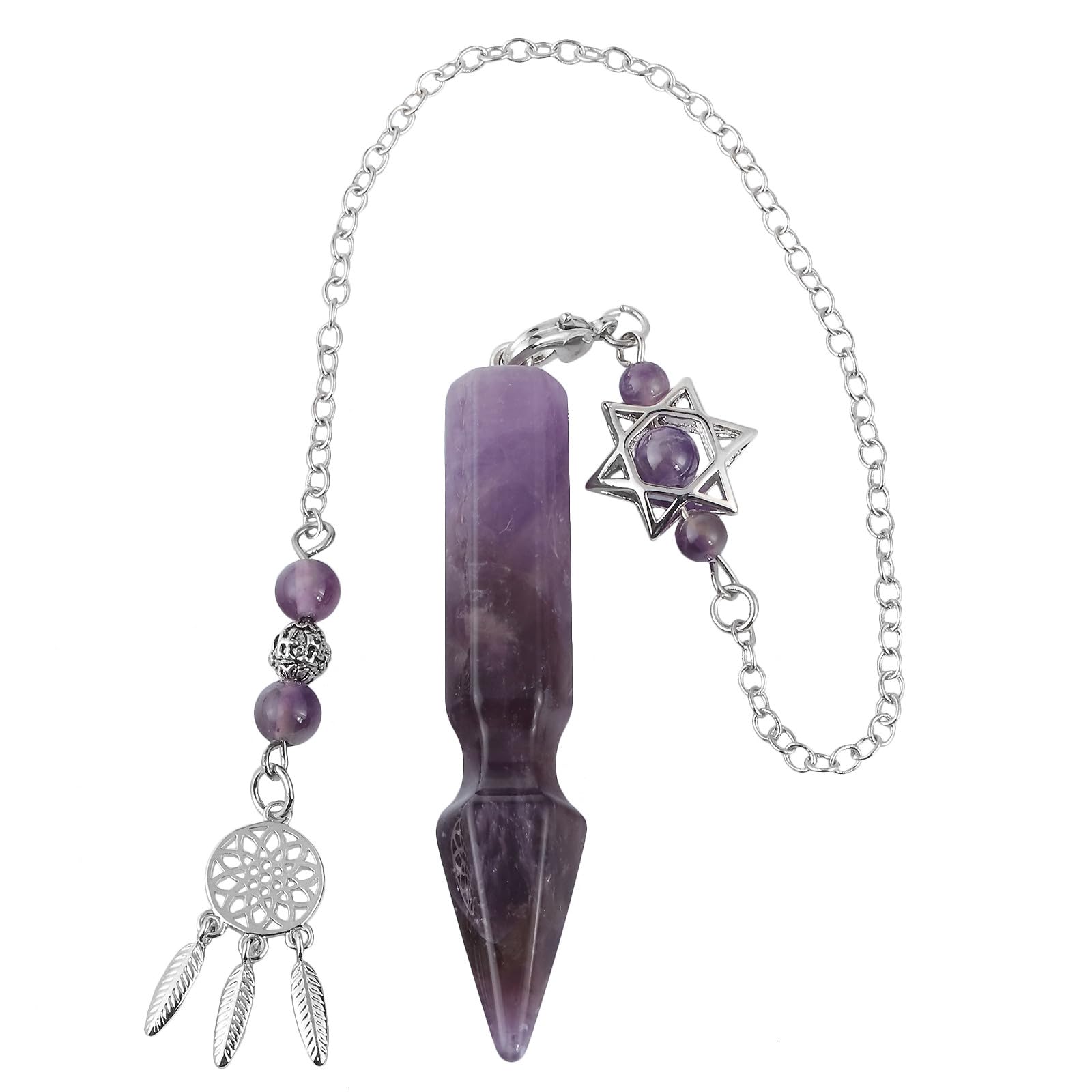 Nupuyai Amethyst Crystal Stone Point Dowsing Pendulum for Divination Scrying, Arrow Shape Healing Stone Pendulum with Merkaba Star Dream Catcher Chain