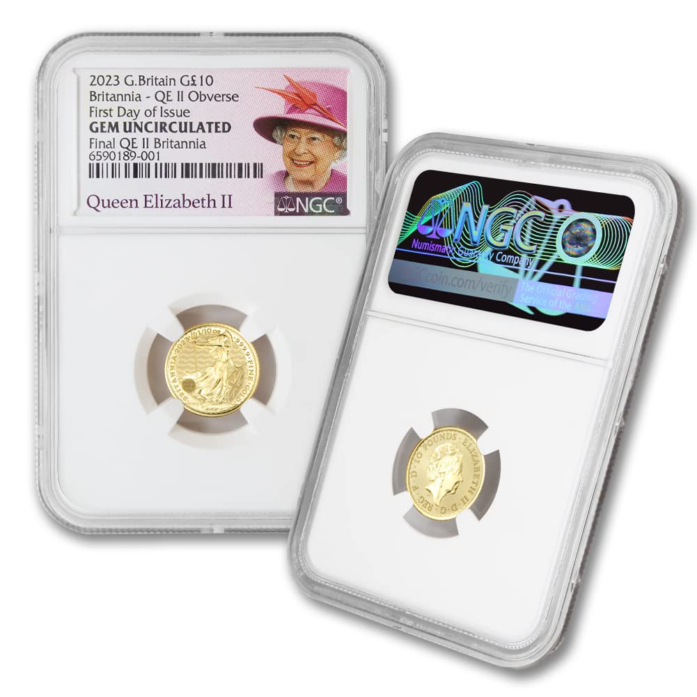 2023 1/10 oz British Gold Britannia Coin by the Royal Mint Gem Uncirculated (First Day of Issue - Queen Elizabeth II Label) 24K 10£ NGC