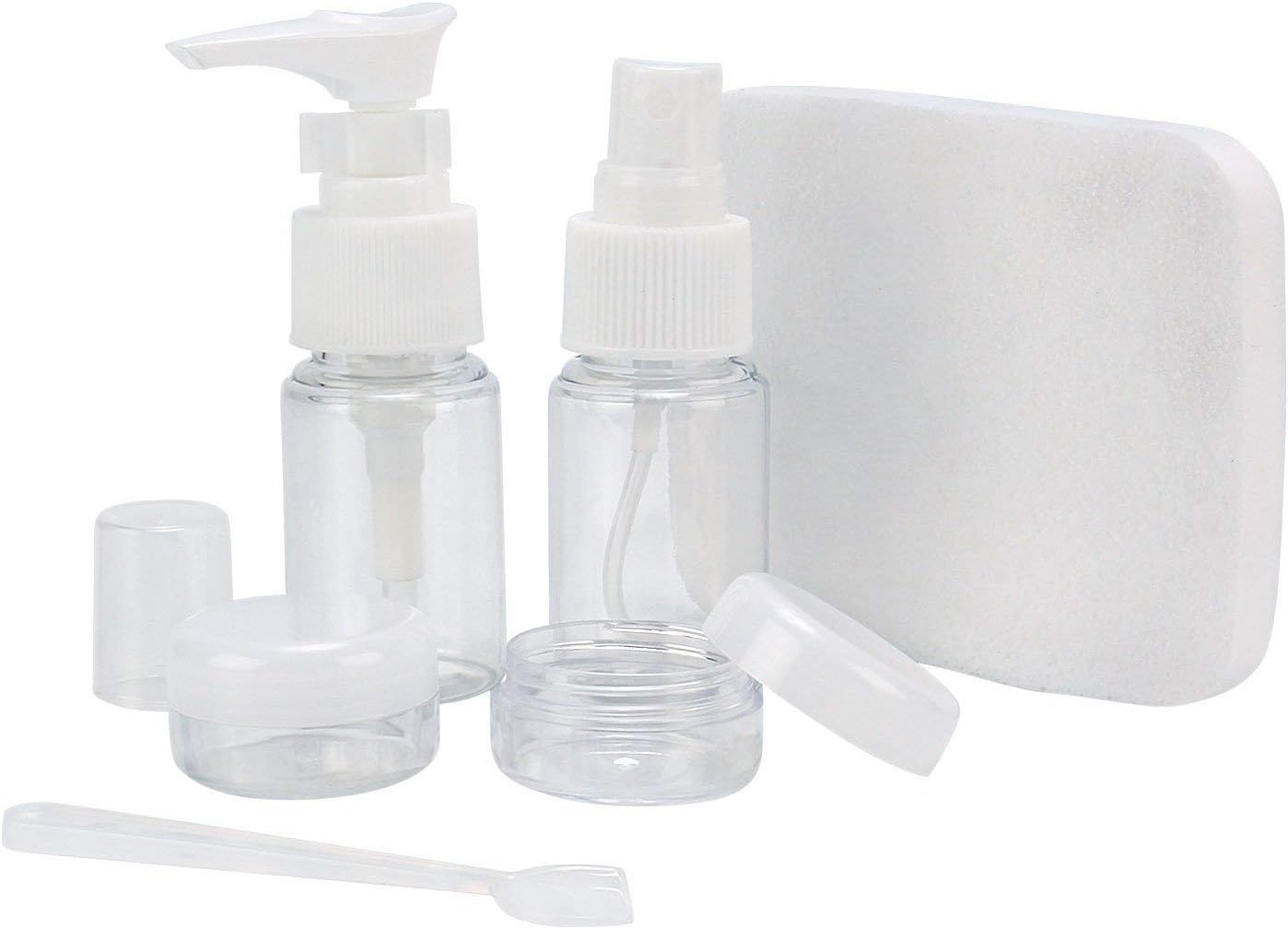 HOKIPO® Clear Plastic Refillable Travel Toiletry Spray Bottles with Zippered Pouch, 6 Pieces - [Airline Carry-On Approved]