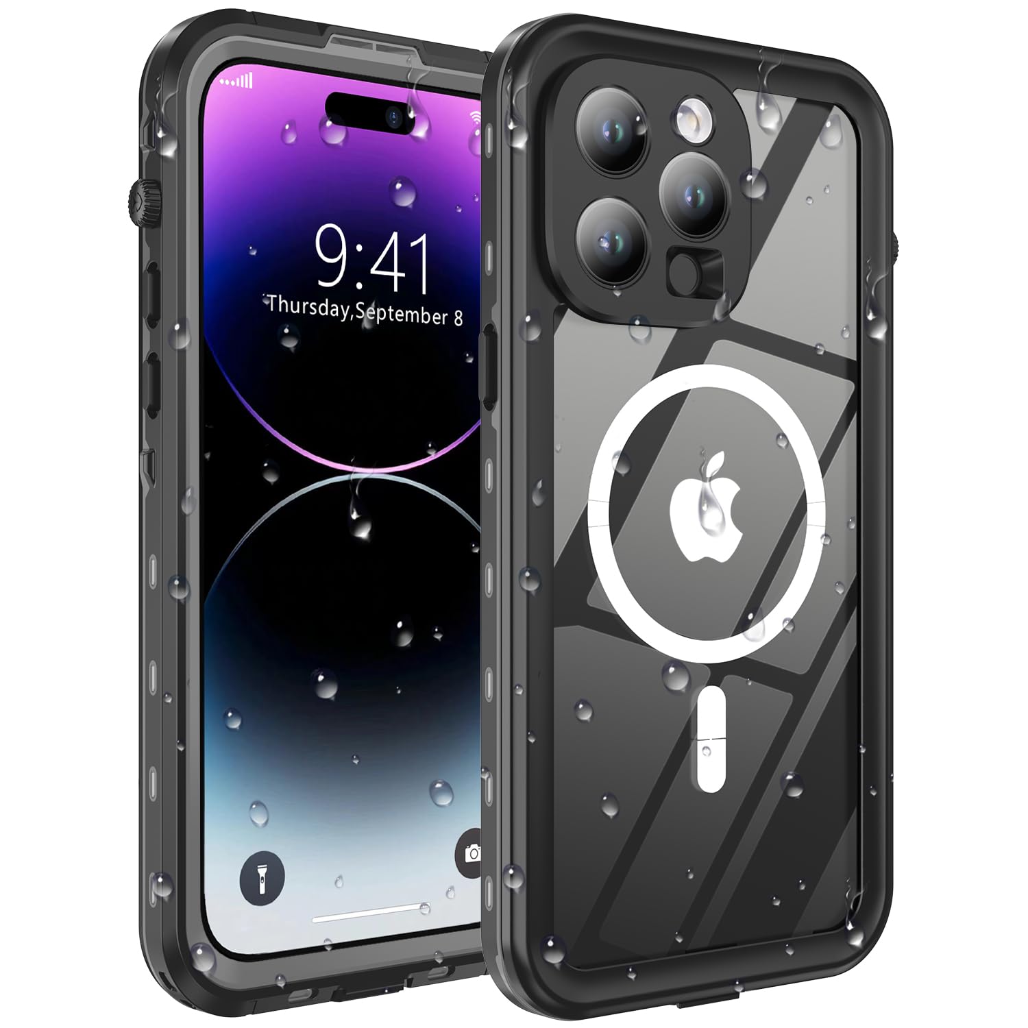 Dewfoam for iPhone 14 Pro Waterproof Case - Shockproof, Dustproof, Built-in Screen Protector, Magnetic Ring Black