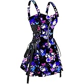 DRESSFO Women’s Gothic Buckle Strap Mini Dress – Lace Up Zipper Dress in Multiple Prints