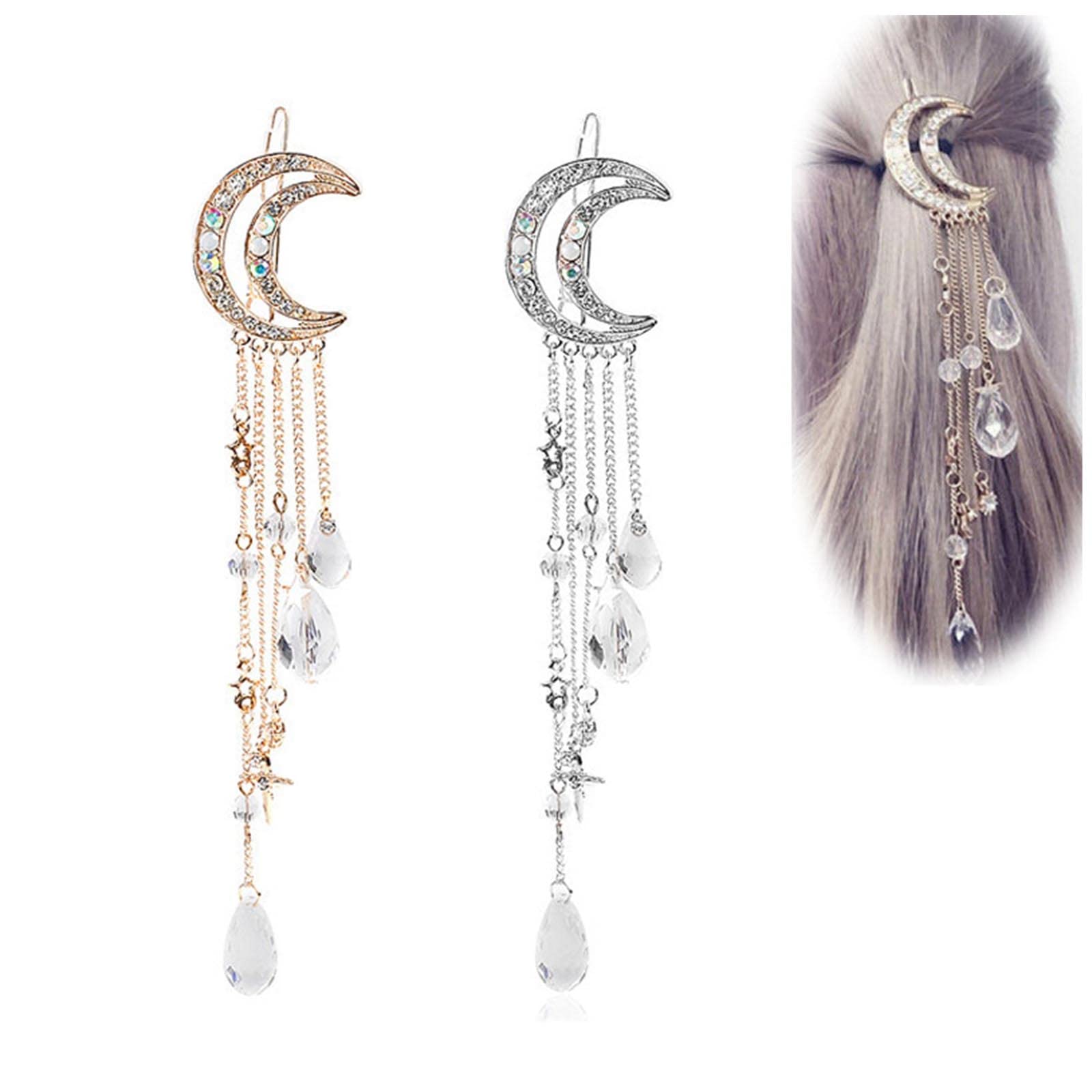 Andelaisi Boho Moon Hair Clip Crystal Tassel Hair Barrette Hollow Crescent Hair Clip Rhinestone Beads Dangle Hairpin Clip for Women and Girls Hair Accessory Headdress (Gold)