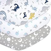 Plushii Crib Sheets for Baby Boys 3 Pack, 28"x 52" Extra Soft Microfiber Crib Sheet Set for Baby Crib Mattress Sheet & Toddler Mattress Pad, Dinosaur & Elephant & Stars