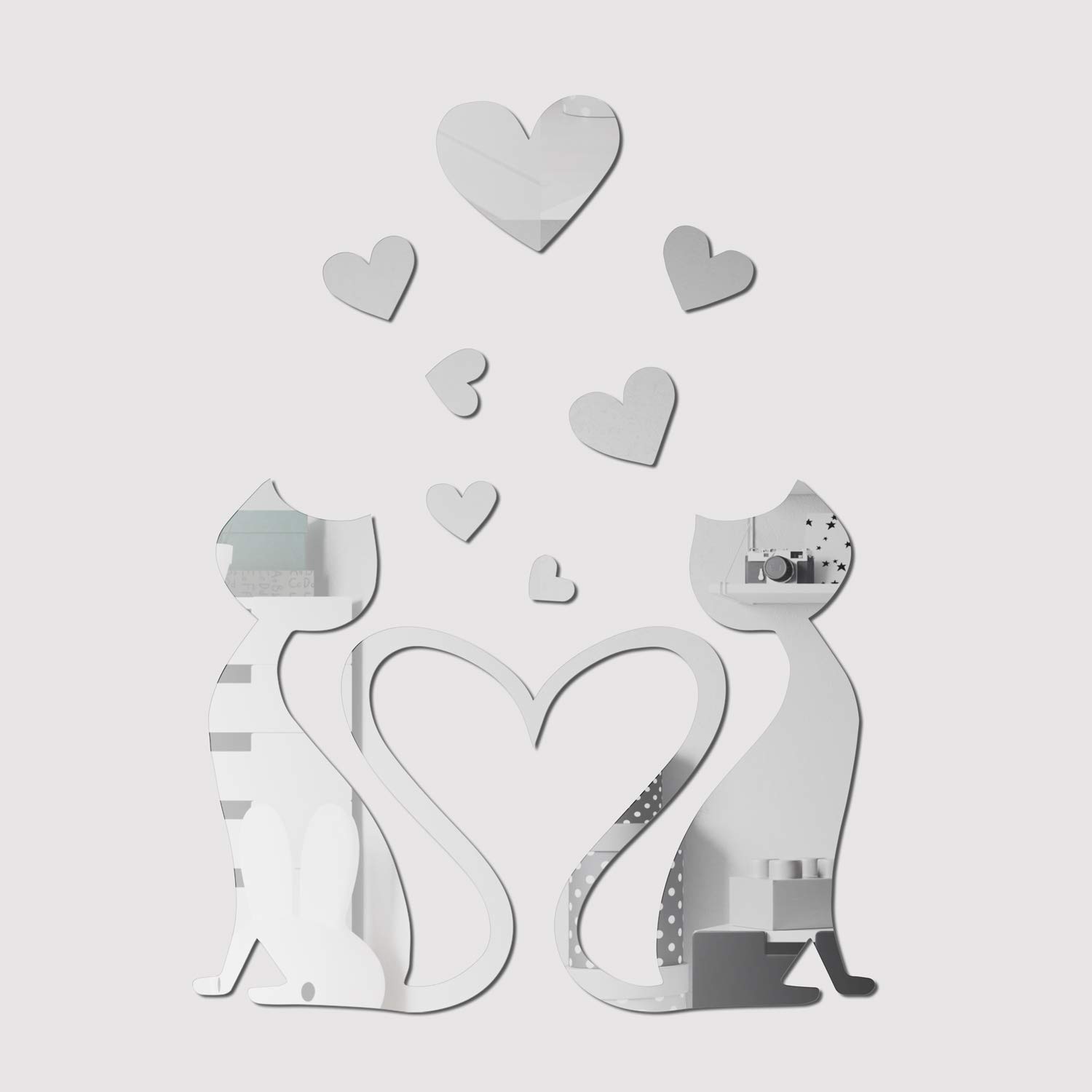 Walplus Mirror Wall Art Crystal Lovely Cat Wall Stickers Removable Self-Adhesive Mural Decals Vinyl Home Decoration DIY Living Bedroom Office Décor Kids Room, Silver