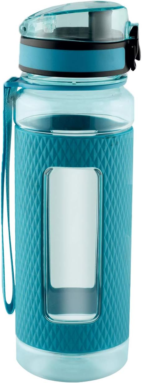 SWIG SAVVY Sports Water Bottle with Silicone Sleeve, Wide Mouth with Easy Flip Top Cap, Reusable Drinking Container with Leak Proof Lid, Great for Running, Gym, Swimming - Plastic