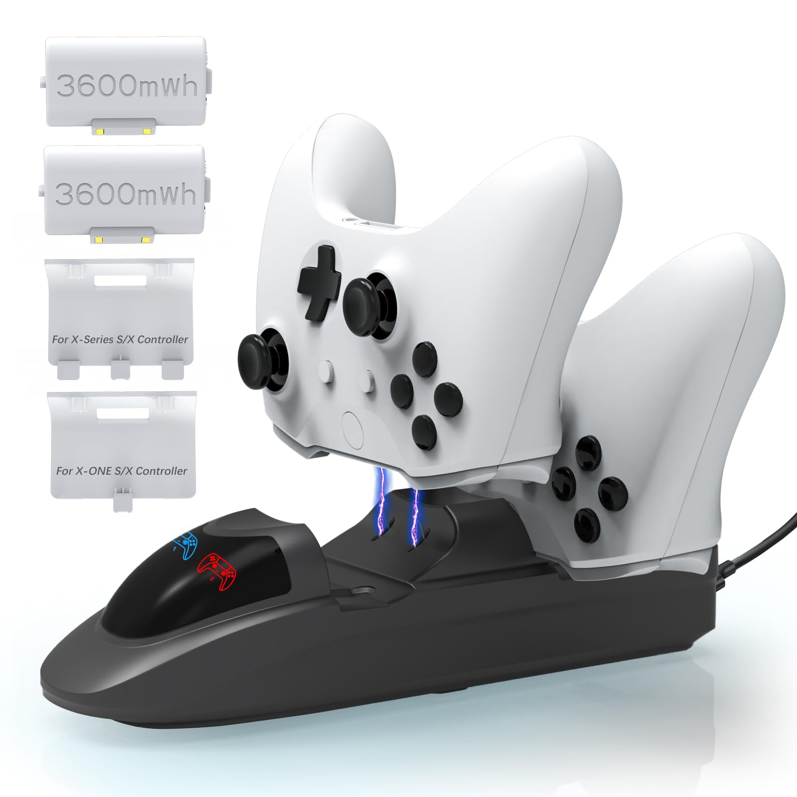 Photo 1 of **MISSING BATTERIES** iPLYGAM Controller Charger Station with 2 x 3600mWh Rechargeable Battery Packs for Xbox One/Xbox Series/Xbox Elite/Xbox X Controller, Charging Station Dock for Xbox Controlllers with 4 White Covers,