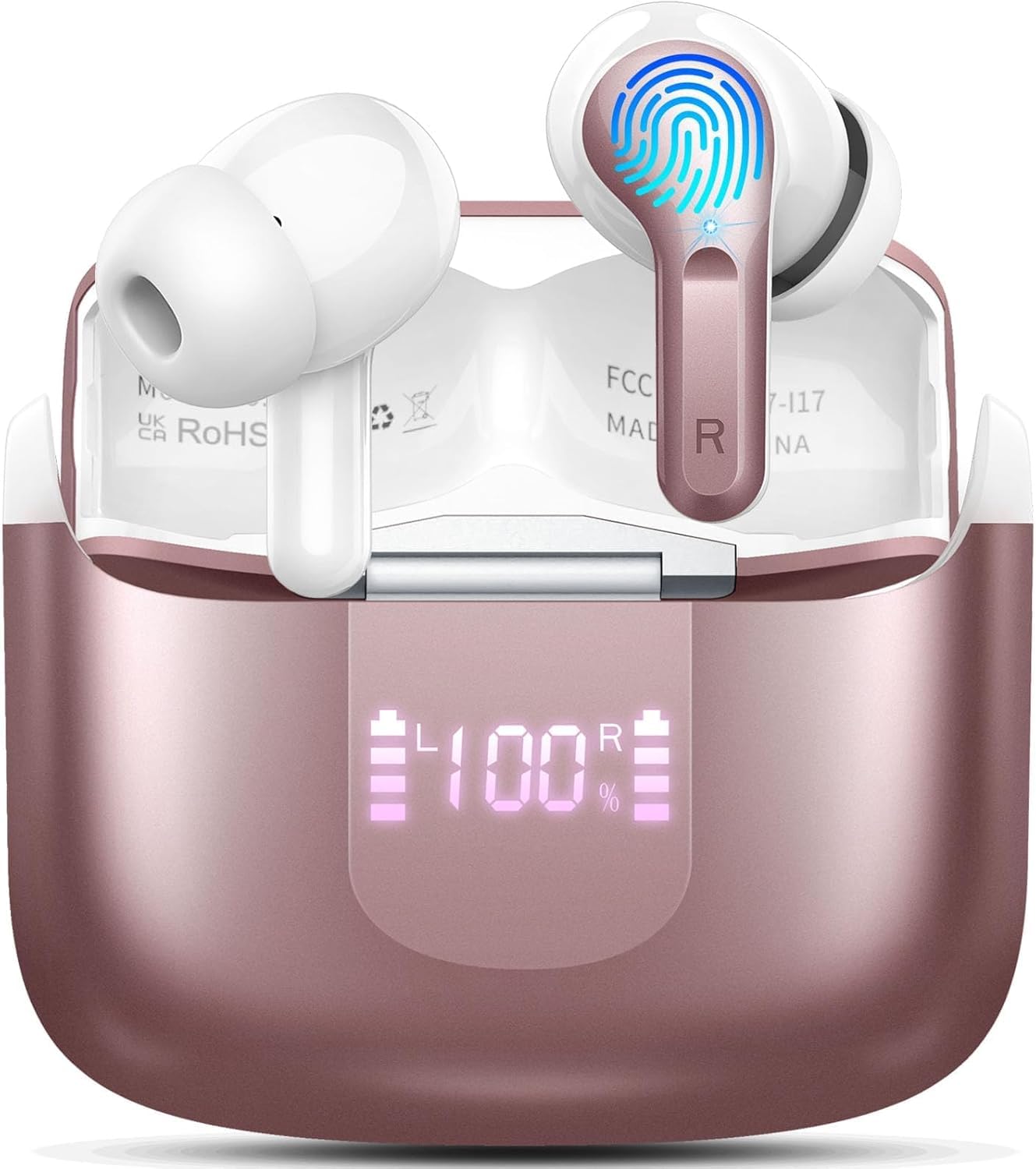 Wireless Earbuds, Bluetooth 5.3 Headphones 2025 NEW Ear Buds 40H Bass Stereo in-Ear Earphones ENC Noise Cancelling Earbuds with 4 HD Mic, USB-C LED Display IP7 Waterproof Sport Headset for Android iOS
