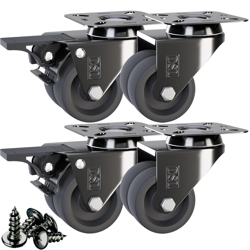 DSL Caster Wheels set of 4 - TPR Heavy Duty Braked 50mm Swivel Castor Wheels Trolley – No Floor Marks Silent Rubbered Castors for Furniture – upto 400KG + Free Fitting
