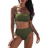 Pink Queen Women's 2 Piece High Waisted Bikini Sets Ribbed Bandeau Ruched Drawstring Swimsuit Bathing Suit