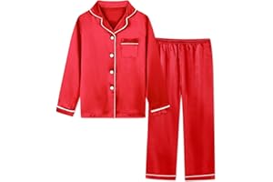 Schbbbta Boys Silk Pajamas Set Long Sleeve 2 Piece Sleepwear Button-Down Nightwear