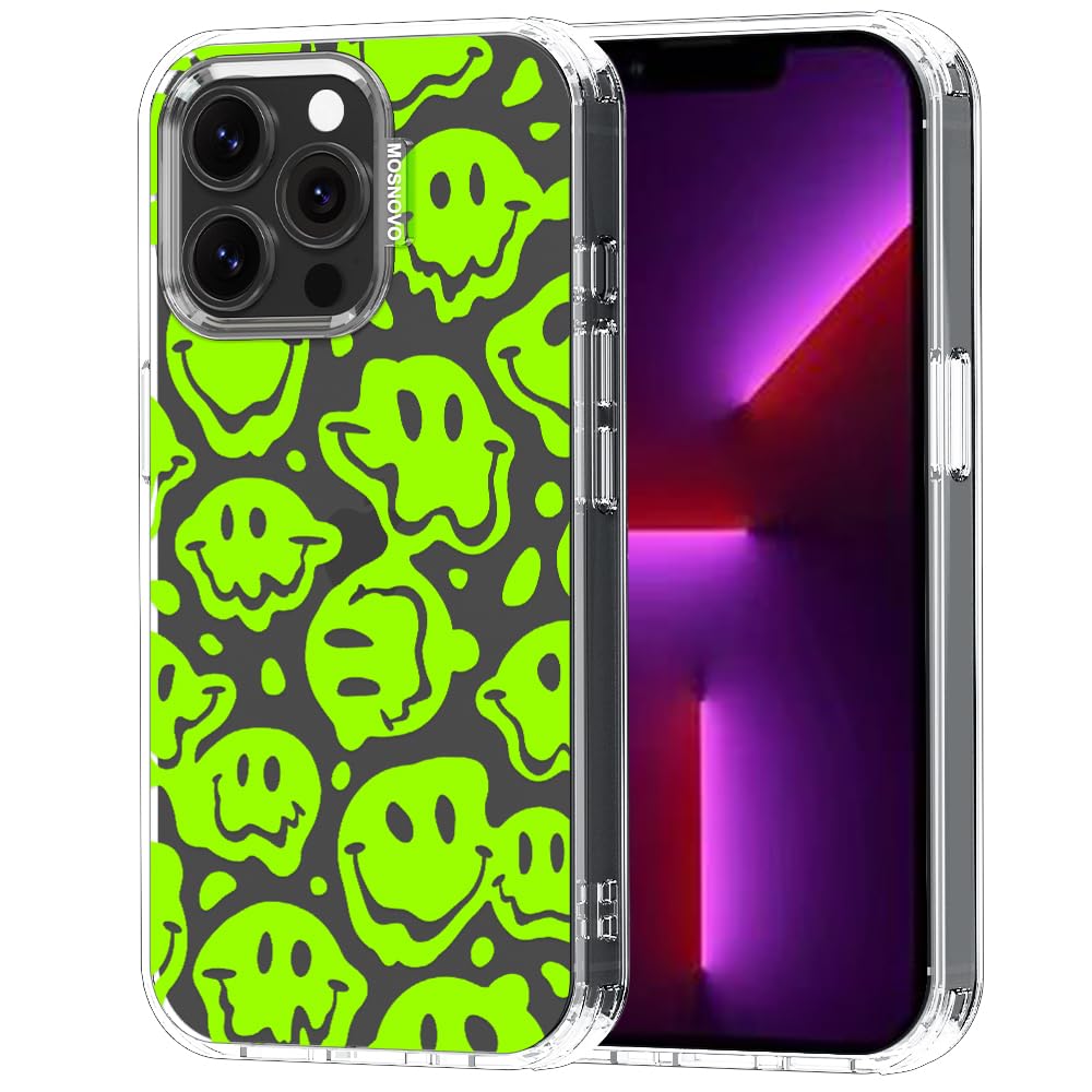 MOSNOVO Case for iPhone 13 Pro, [Buffertech 6.6ft Military-Grade Drop Protection] [Anti Peel Off Tech] Clear TPU Bumper Phone Case Cover Design - Distorted Green Smiles Face
