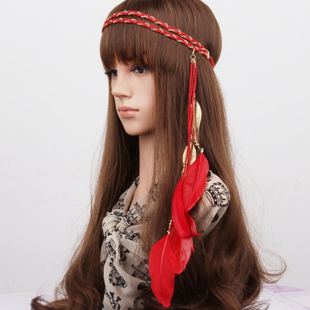 A&C Indian Alloy Leaf and Red Peacock Feather Headband, Headpiece for Women, Fashion Head Chain for Girls (Red)