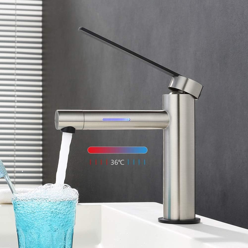 GRIFEMA Dover, LED Bathroom Basin Mixer Tap with 2 Colors Changing, Nickel Brushed, Grey - Image 3