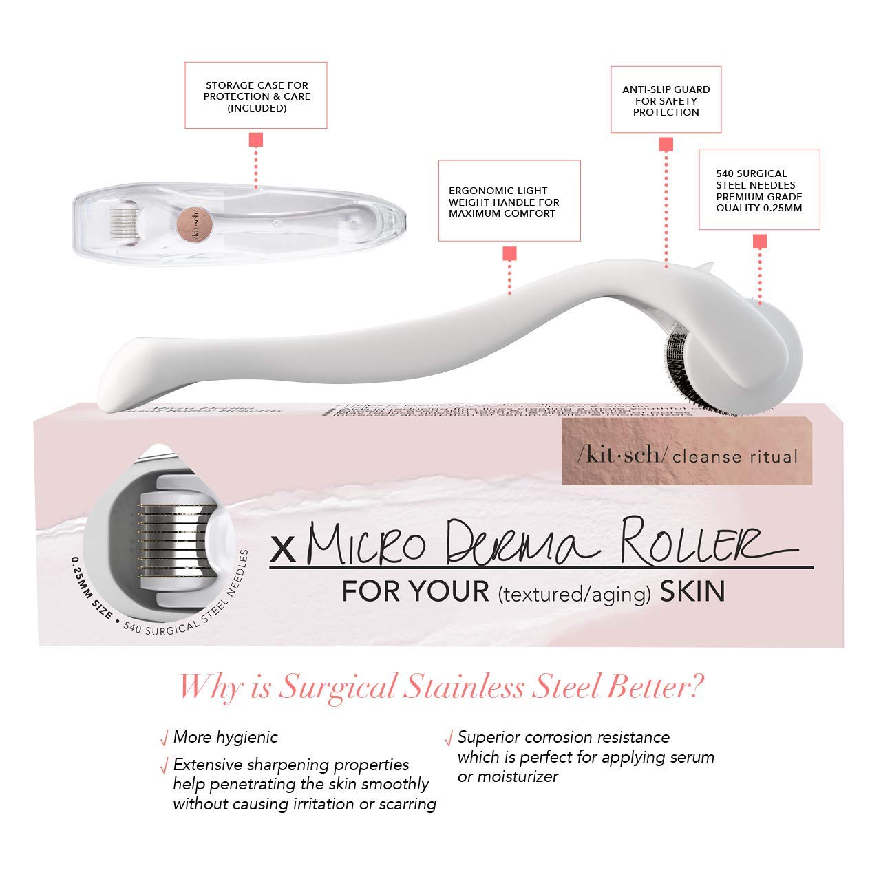 Kitsch Derma Roller, Cosmetic Microneedle Roller for Face.25 mm Micro Needle Facial Roller, 540 Needle Face Roller with Storage Case (White) : Beauty
