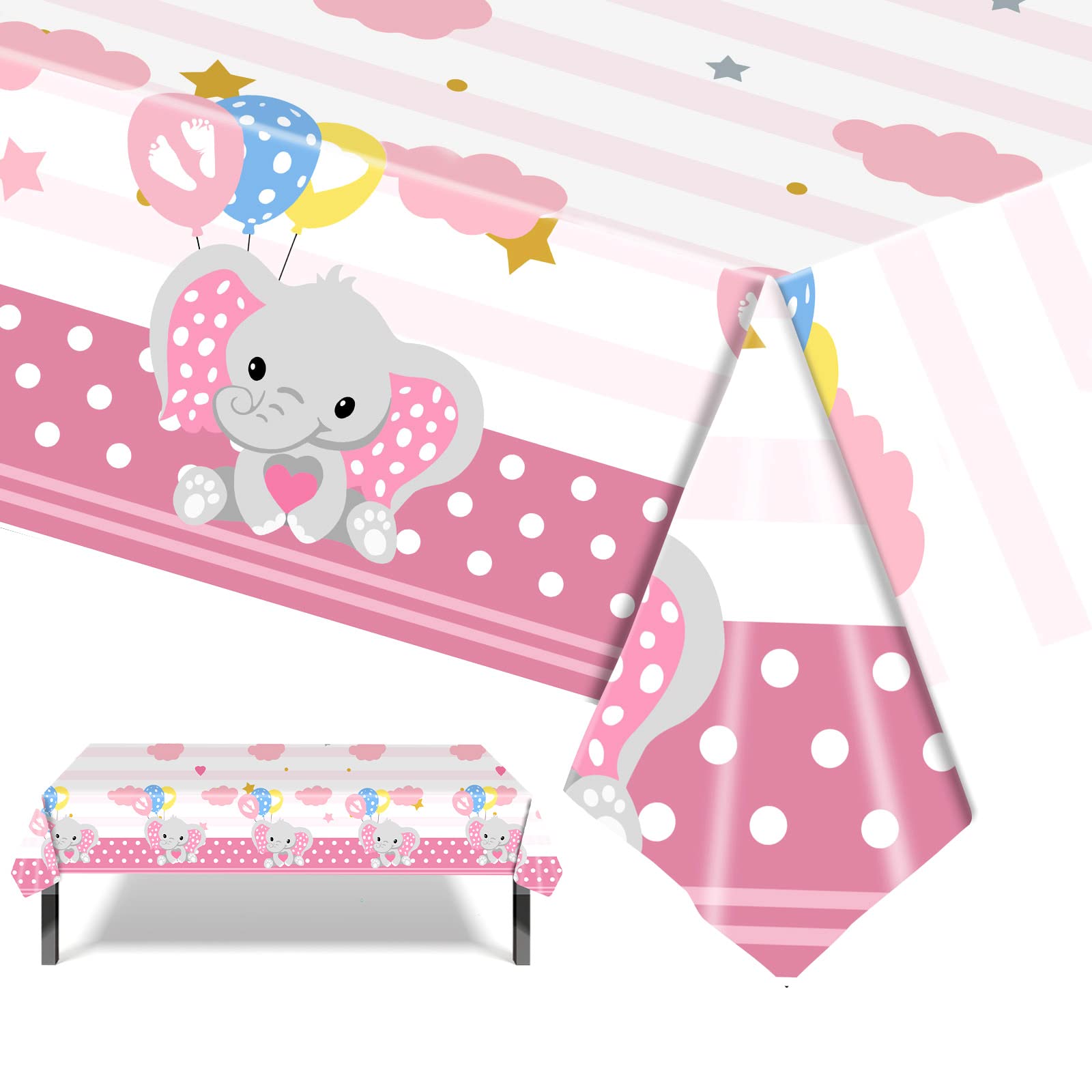 POPOYU Baby Pink Elephant Baby Shower Decoration Tablecloth 54 x 108 Inches Rectangle Plastic Waterproof Table Cover for Baby Boy Girl Gender Reveal Party Supplies