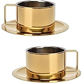 Beufee 2Pcs Espresso Cups and Saucers Set, Coffee Cup and Saucer Set Gold Coffee Mug Stainless Steel Demitasse Cups Exquisite Luxury Small Coffee Containers for Latte Cappuccino Tea, 200ML