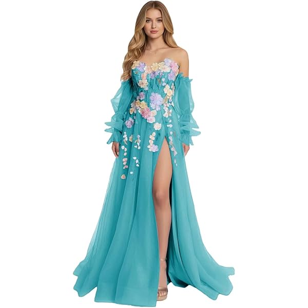Woman's Off Shoulder A Line Prom Dress Vintage Beading Puffy Tulle Sleeve  Formal Evening Gown Lilac with High Slit at Amazon Women's Clothing store