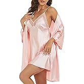 Women's Silk Pajama Sets Satin Robe with Nightgown 2 Piece Sleepwear Sexy Lace Cami Nightwear Kimono Bridesmaid Robes