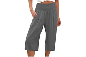MaMiDay High Waisted Capri Pants for Women Linen Trendy Wide Leg Summer Capris Loose Comfy Casual Palazzo Pants with Pockets
