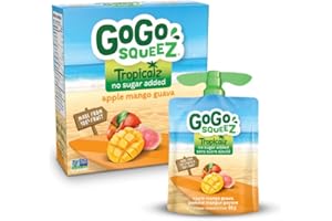 GoGo squeeZ Tropicalz Fruit Sauce, Apple Mango Guava, No Sugar Added. 90g per pouch, pack of 4