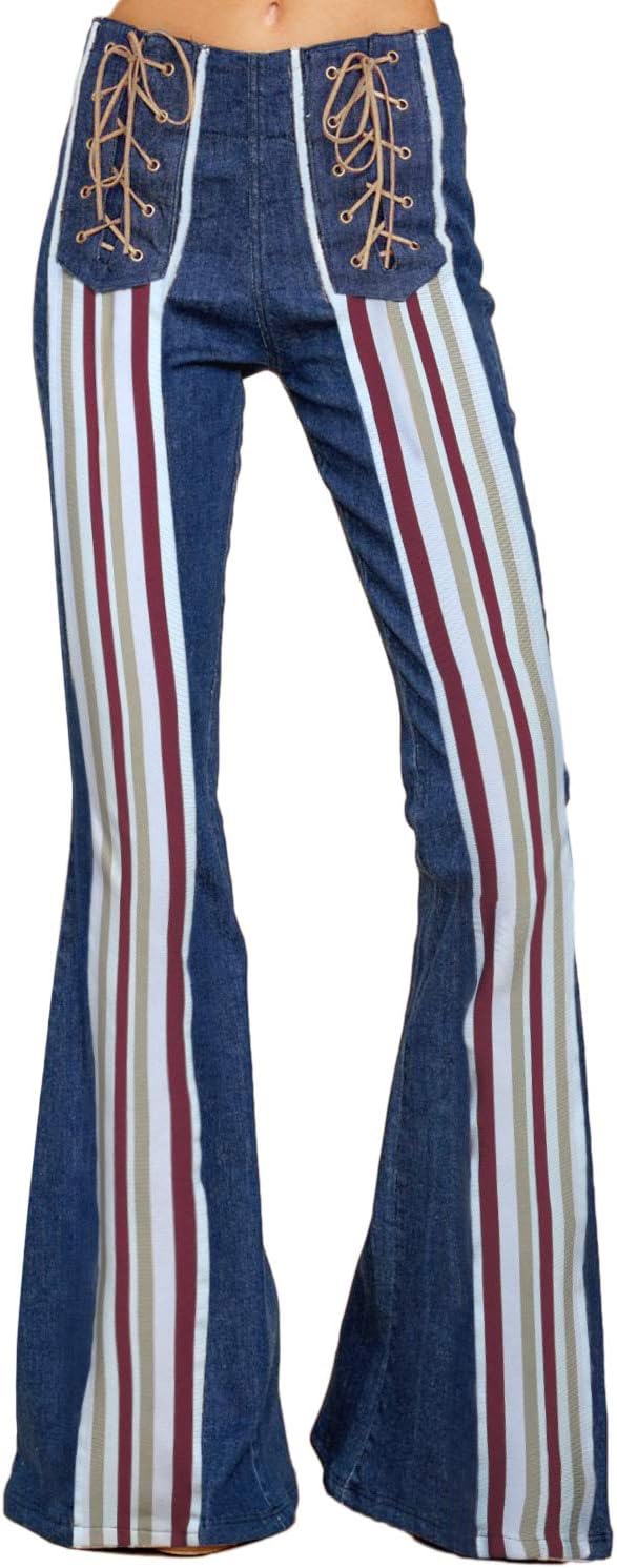 BJGXFMQ Women's Striped Flare Jeans High Rise Wide Leg Bell-Bottom Hippie Colorful Denim Pants Trousers Blue XL