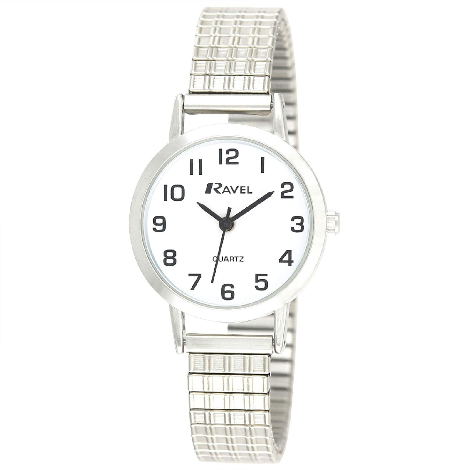 Ravel - Women's Traditional Watch with Clear Numeral Dial on Expander Bracelet - Silver Tone