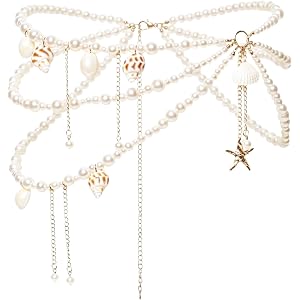Nfvjfxz Seashell Pearl Waist Chain Layered Beaded Belly Chain for Women | Shell Starfish, Gold Plated, Adjustable Extension C