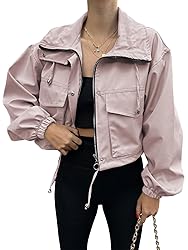 Tankaneo Womens Cropped Jacket Zip Up Lightweight