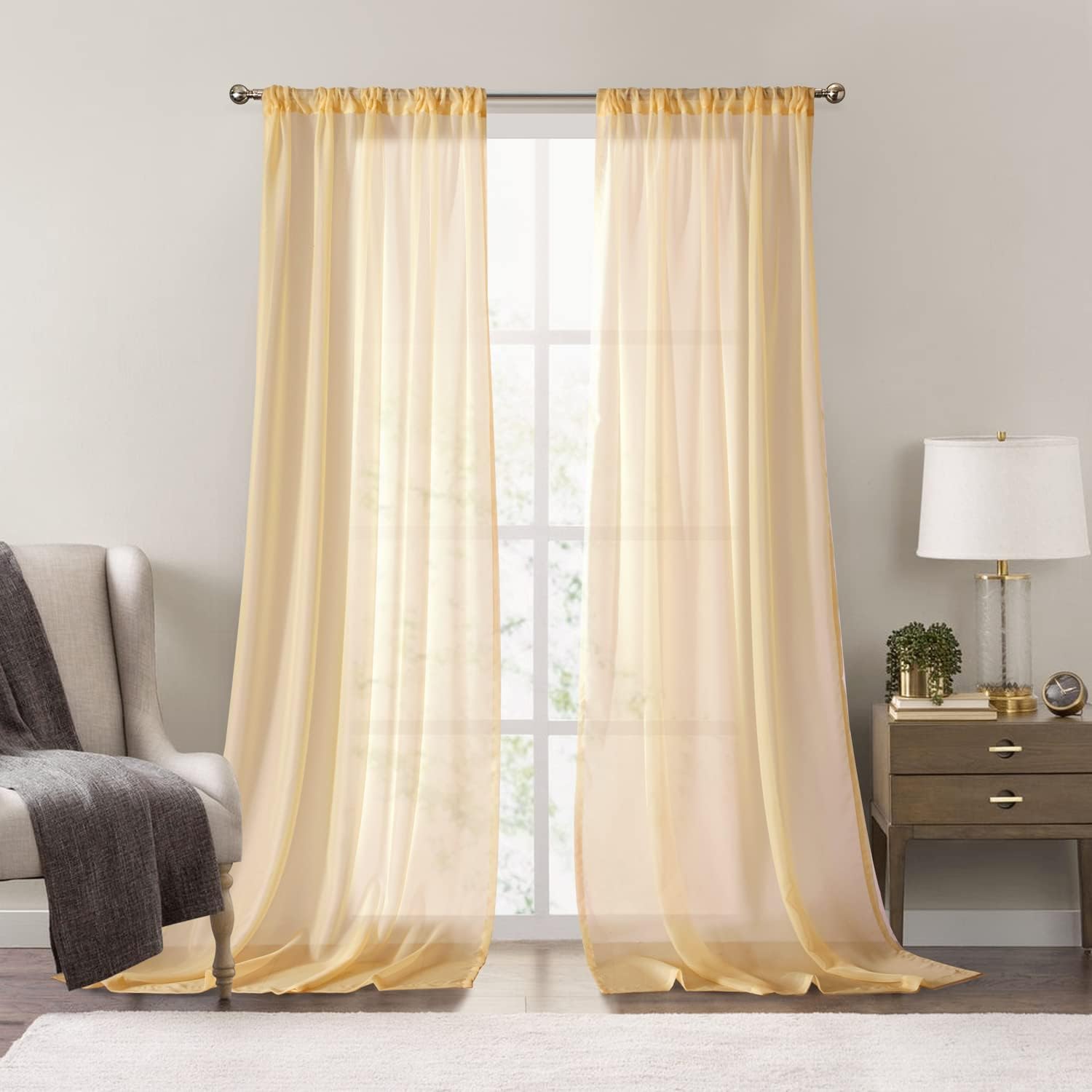 Window Treatment Hardware - Dreaming Casa Amber Gold Sheer Curtains 84 inches Long Rod Pocket Curtains 42