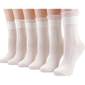 ZOKSX 6 Pairs White Ruffle Socks For Women, Cute Frilly Sheer Lace Socks | Thin, Breathable, Mesh Ankle Socks for Loafers, Ma