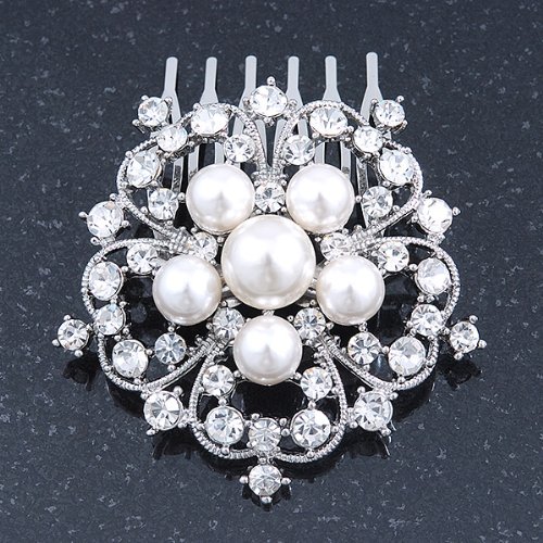 Bridal/ Wedding/ Prom/ Party Rhodium Plated Austrian Clear Crystal, Synthetic Pearl 'Open Flower' Hair Comb - 55mm