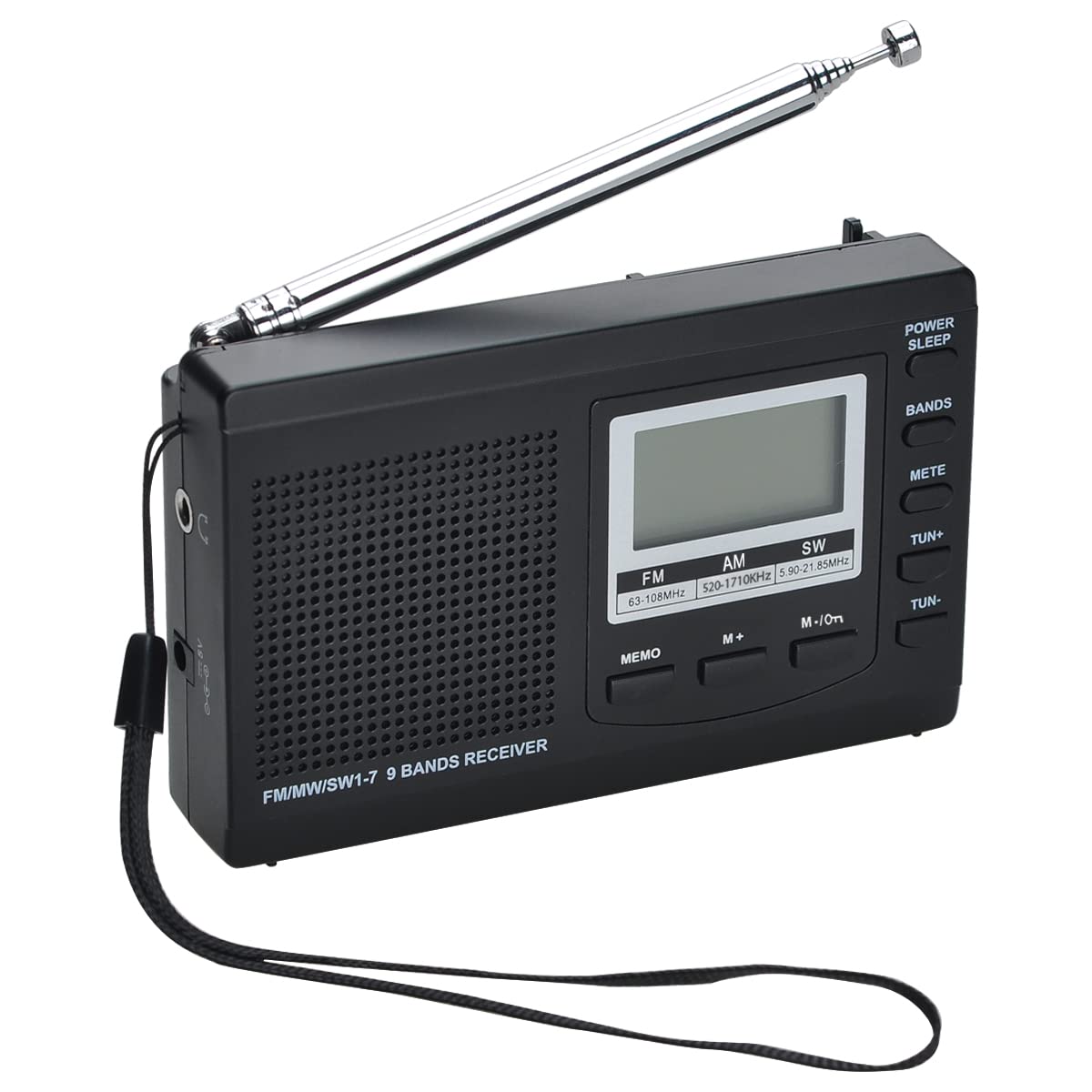 COVVY AM/FM SW1-7 9 Band Portable Radio Receiver with Loud Speak and Earphone, Excellent Reception 12/24H Time Display Digital Radio, Backlight, Sleep, Ascending Alarm, Battery Operated (Black)