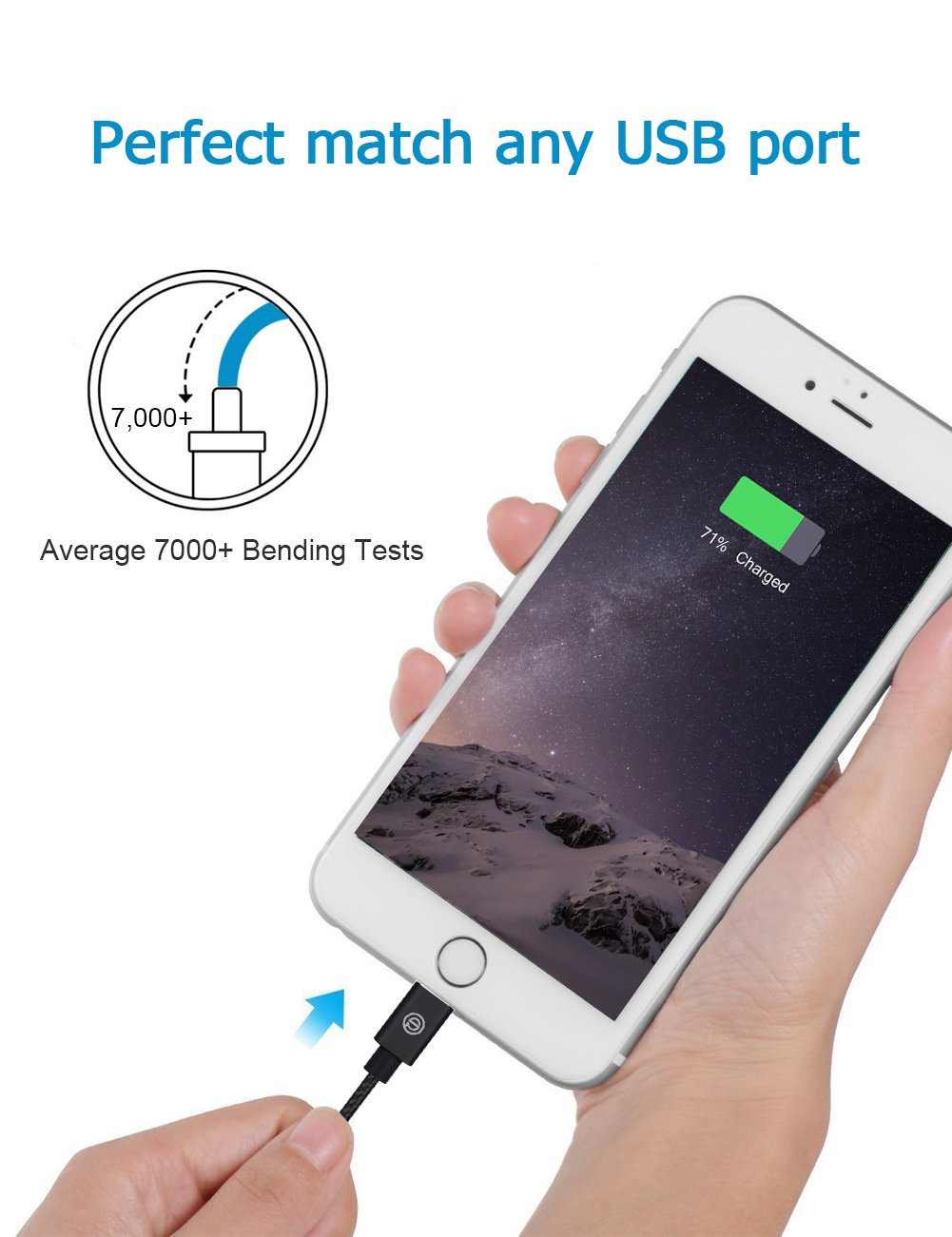 USB Cargador Cable OPSO Lightning Nailon Trenzado 1M [Certificato Apple MFi] para iPhone 7 6s 6 Plus SE 5s, iPad Pro, iPad mini, iPod touch / nano- Negro