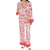 Cjfdfy Women's Feather Pajamas with Pockets, Long Sleeve Button Up Shirt and Pants 2 Piece Pj Set Trendy Sleepwear Outfits