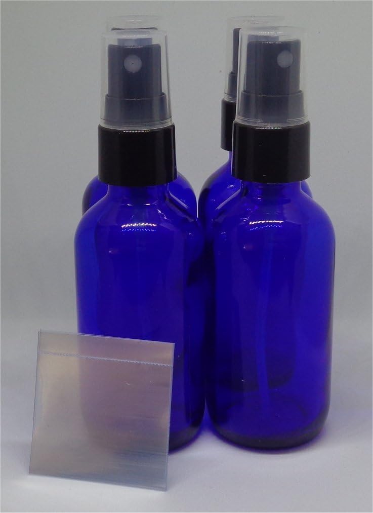 2-oz Cobalt Blue Boston Fine Mist Sprayer glass bottle for serums essential oils storage refillable container + SHRINK BANDS [Set of 4]